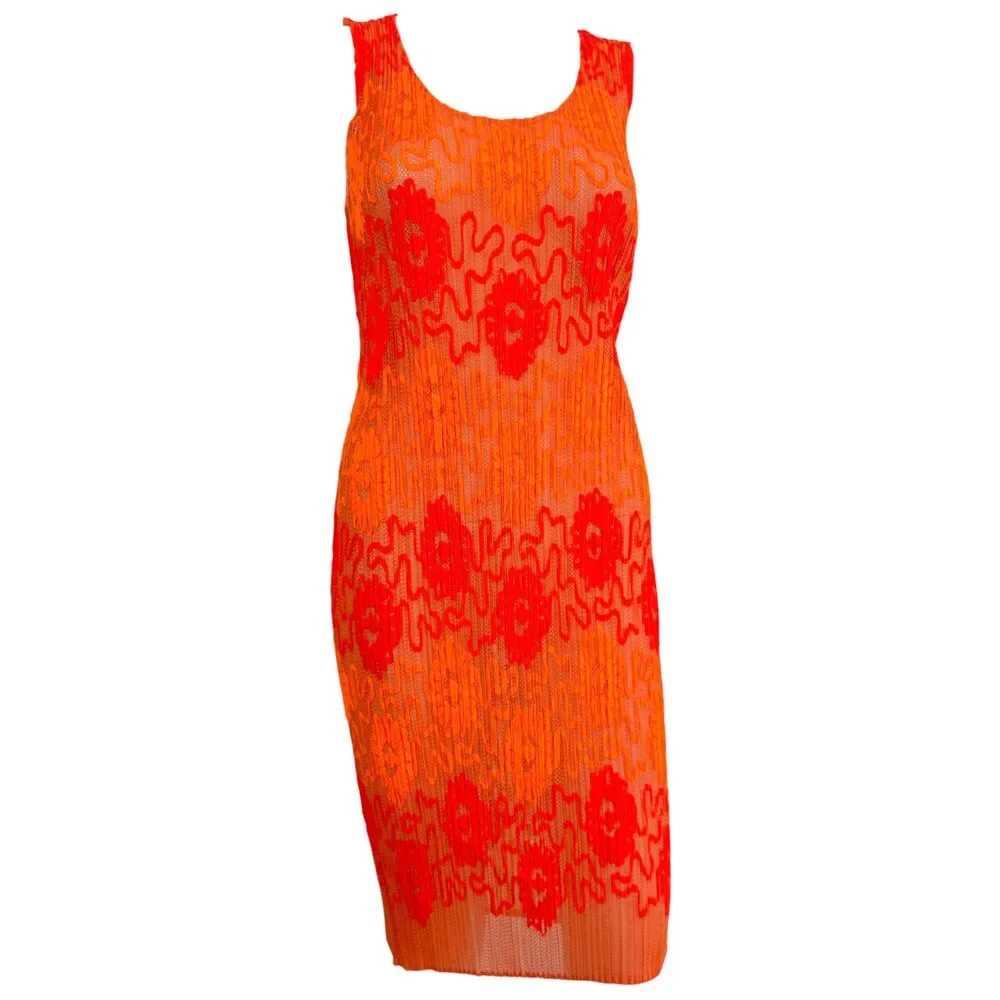 Issey Miyake Pleats Please Neon Orange Mesh & Floral Applique Pleated Sleeveles